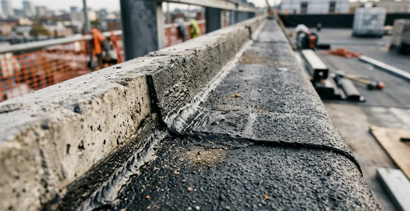 Vue macro professionnelle d'un relevé d'étanchéité bitumineuse en cours de soudure sur toiture-terrasse