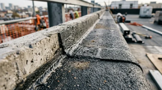 Vue macro professionnelle d'un relevé d'étanchéité bitumineuse en cours de soudure sur toiture-terrasse
