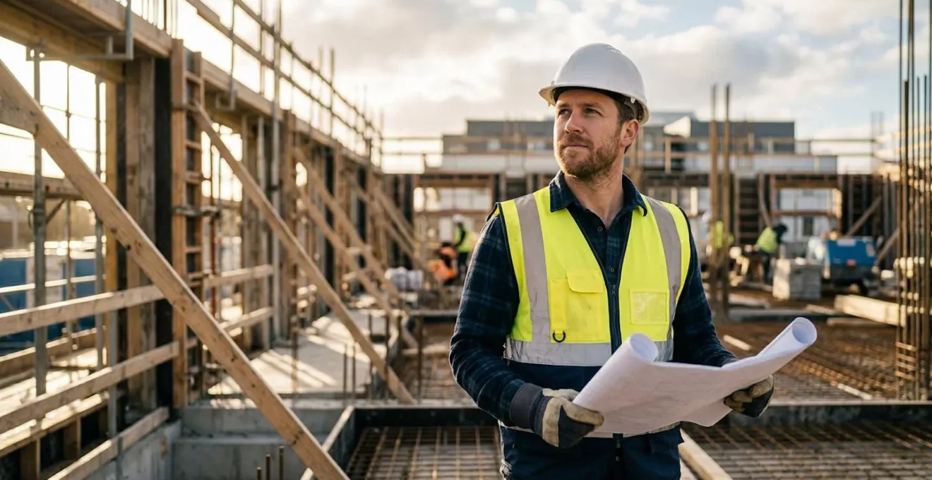 Travailleur du BTP en pleine progression de carrière sur un chantier de construction