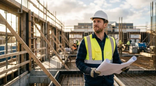Travailleur du BTP en pleine progression de carrière sur un chantier de construction