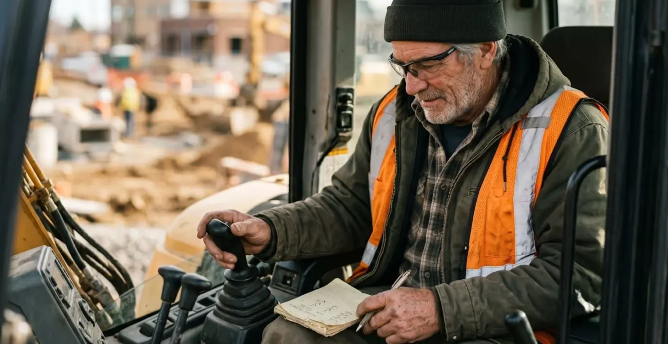 Opérateur expérimenté d'engins de chantier effectuant une vérification technique