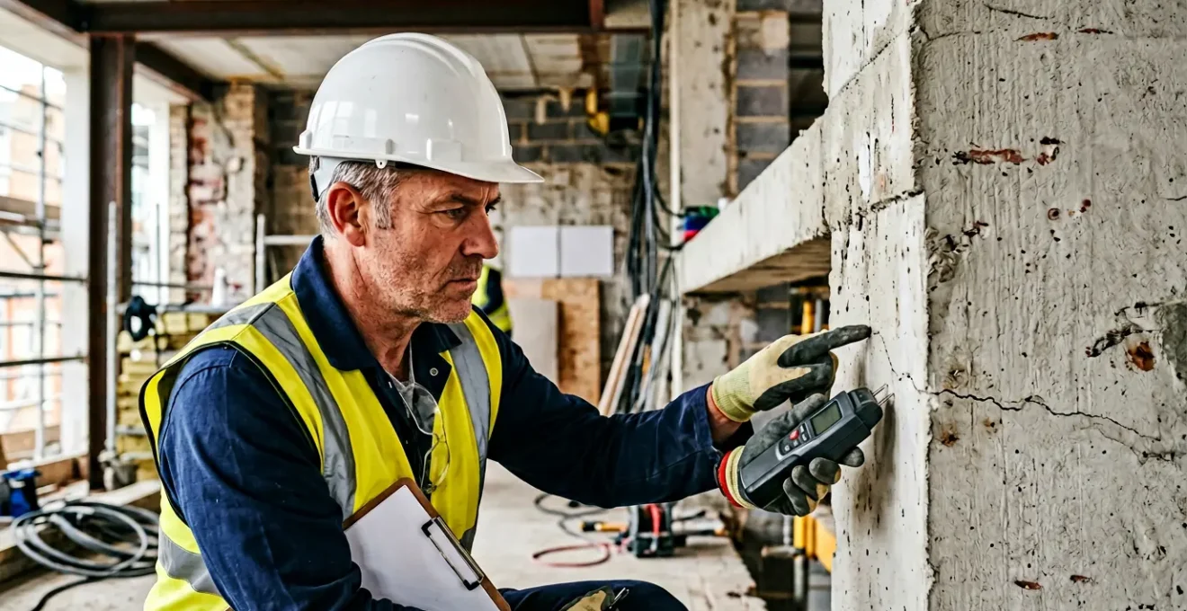 Expert en bâtiment analysant une structure lors d'une inspection technique de conformité