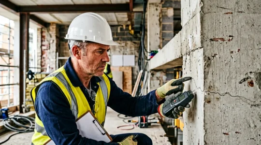 Expert en bâtiment analysant une structure lors d'une inspection technique de conformité