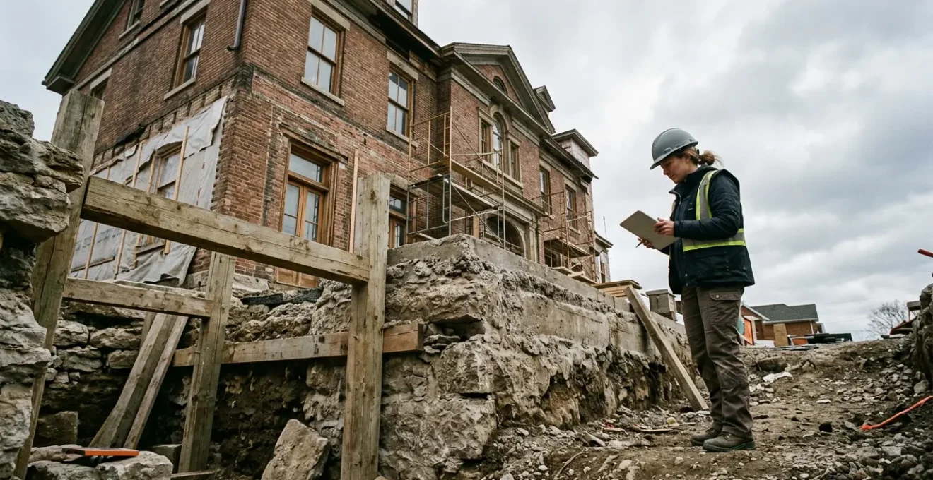 Expert en bâtiment inspectant les fondations et la structure d'une maison ancienne lors d'un audit technique approfondi