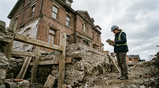 Expert en bâtiment inspectant les fondations et la structure d'une maison ancienne lors d'un audit technique approfondi