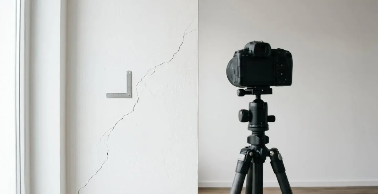 Appareil photo numérique photographiant une fissure sur un mur blanc avec éclairage naturel pour documentation de preuve