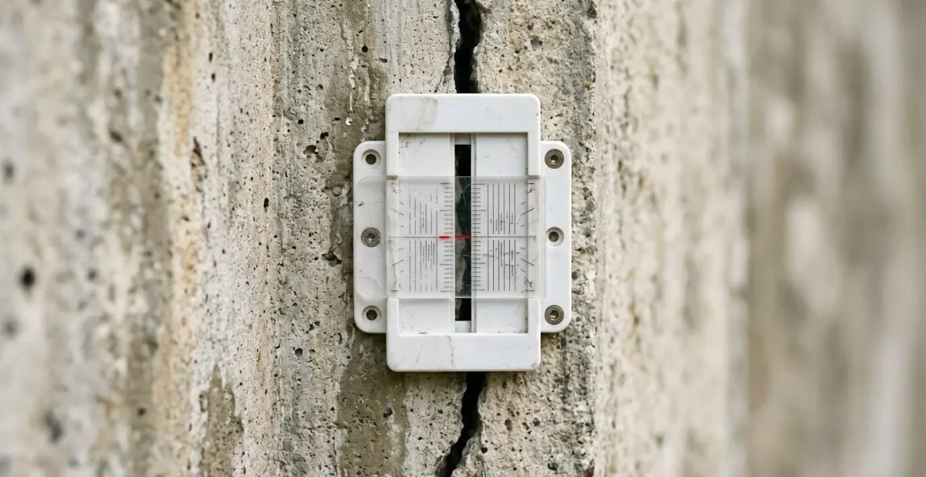 Jauge fissuromètre moderne installée sur une fissure de mur extérieur avec échelle graduée visible