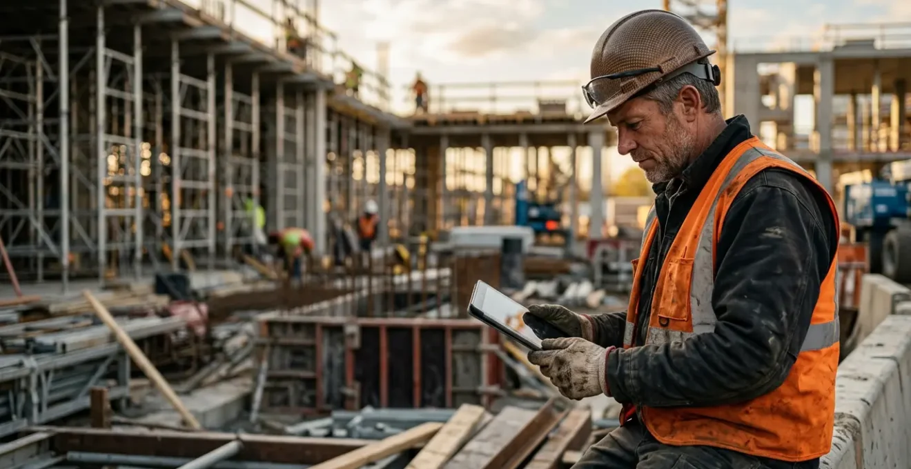 Professionnel du bâtiment sur chantier consultant une tablette pour sa formation CPF, environnement de travaux moderne