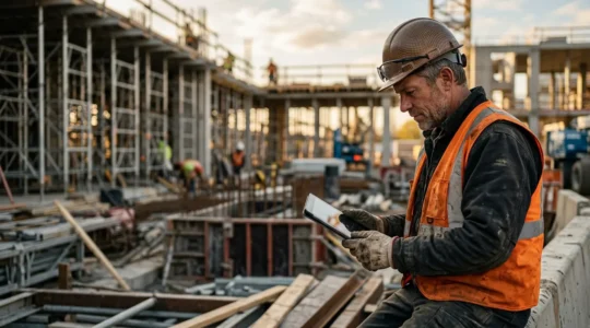Professionnel du bâtiment sur chantier consultant une tablette pour sa formation CPF, environnement de travaux moderne