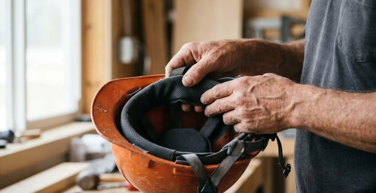 Vue rapprochée des garnitures intérieures d'un casque de chantier montrant le système d'amortissement et de confort