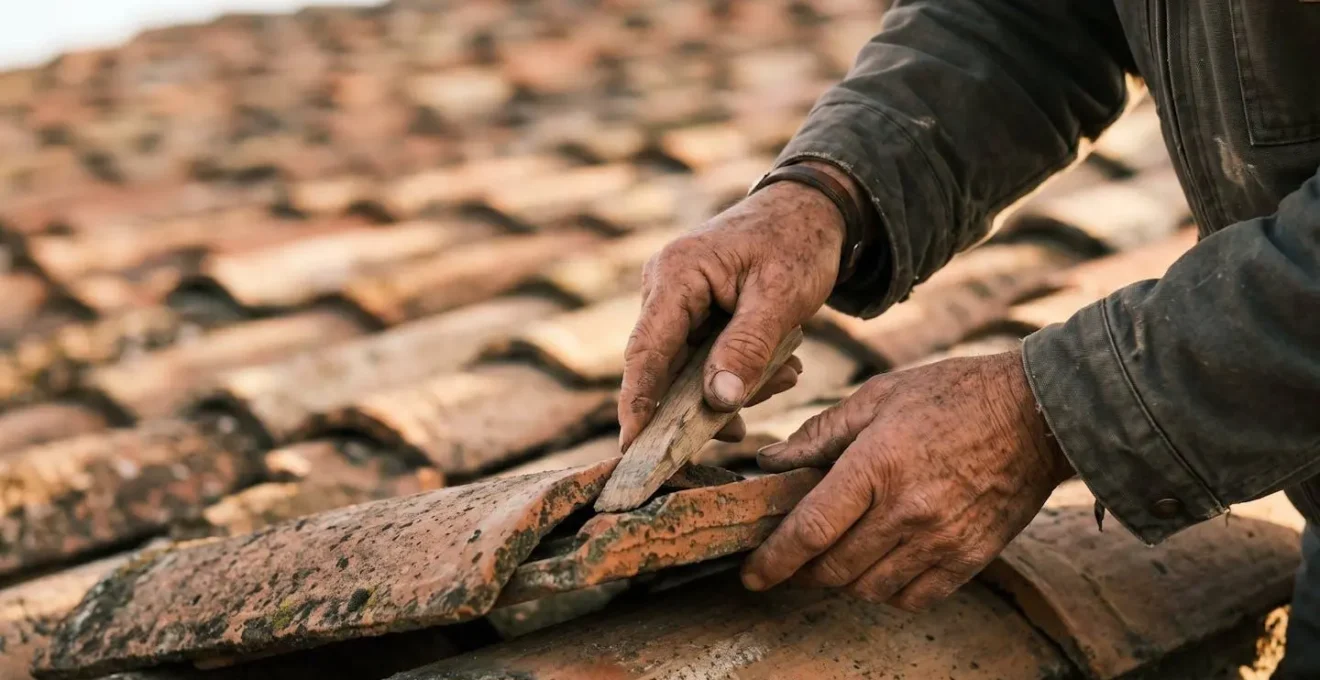 Mains d'artisan couvreur en gros plan manipulant avec précision une tuile de remplacement