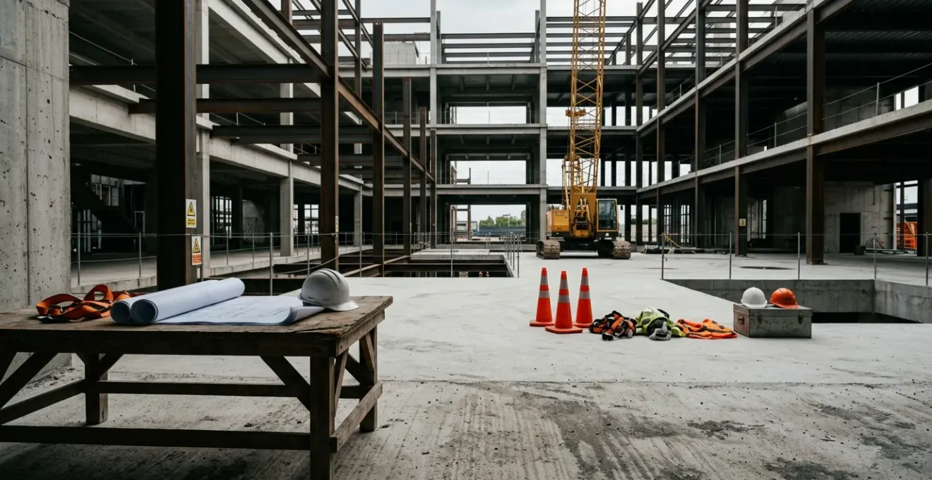 Scène d'un chantier de construction après un incident avec focus sur la documentation et la sécurité