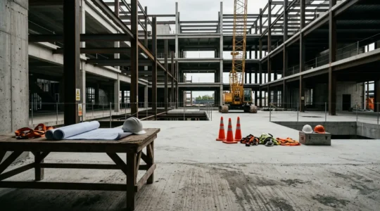 Scène d'un chantier de construction après un incident avec focus sur la documentation et la sécurité