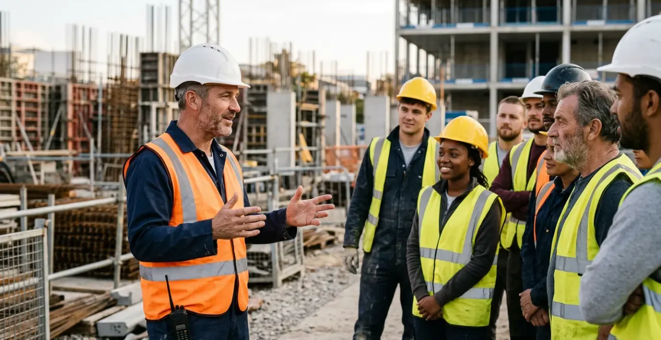 Chef de chantier encadrant son équipe d'ouvriers sur un site de construction