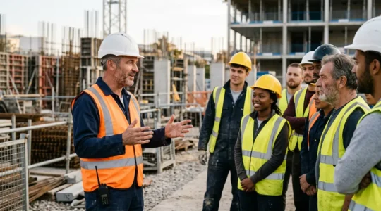 Chef de chantier encadrant son équipe d'ouvriers sur un site de construction