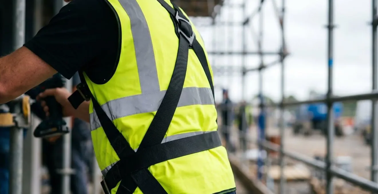 Vue arrière d'un travailleur montrant un harnais anti-chute porté par-dessus un gilet haute visibilité masquant partiellement les bandes réfléchissantes