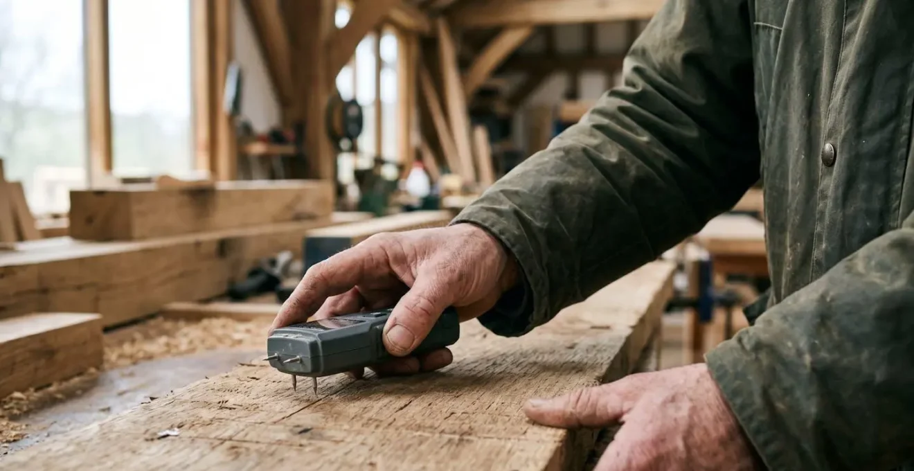 Mesure du taux d'humidité du bois de charpente avec un humidimètre à pointes pour prévenir les risques de mérule