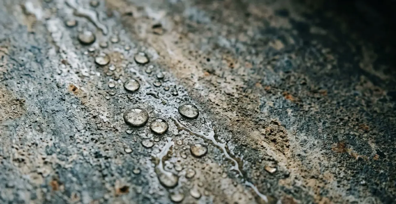 Représentation symbolique de l'humidité dans un bâtiment avec gouttes d'eau et surface minérale