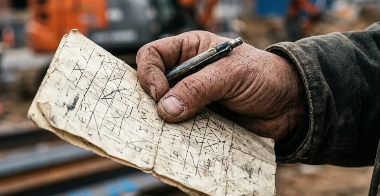 Gros plan sur des mains d'ouvrier tenant une fiche de pointage papier froissée avec un stylo