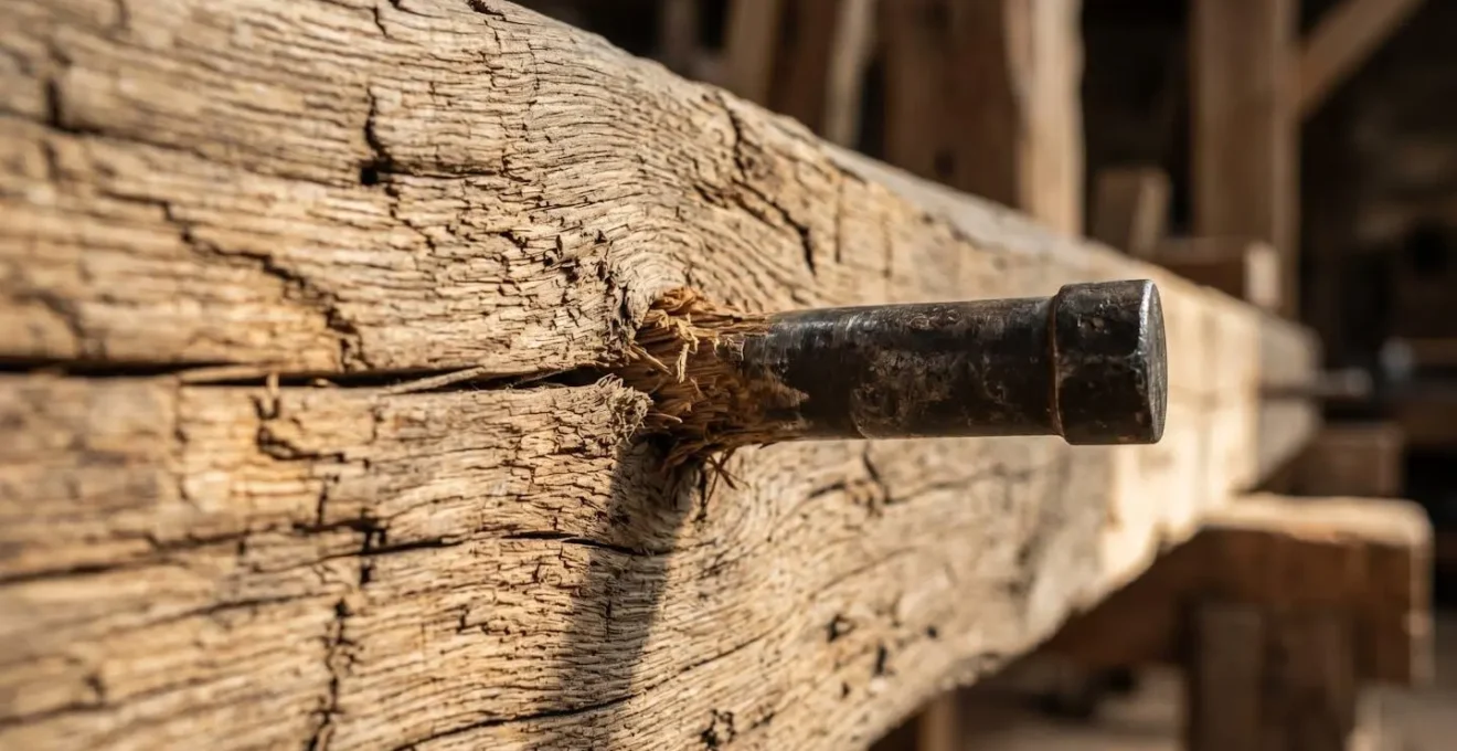 Gros plan sur injection de produit de traitement dans une poutre de charpente ancienne contre les insectes xylophages