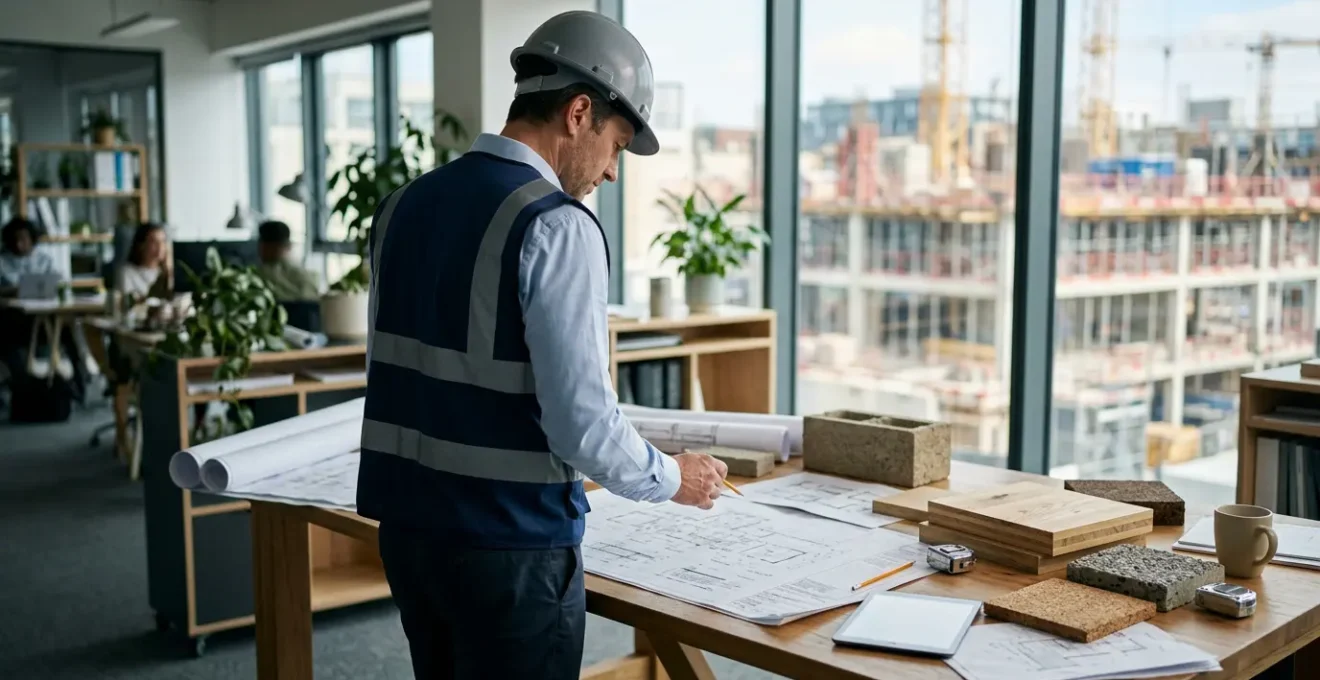 Professionnel du bâtiment naviguant dans un environnement complexe de réglementation environnementale