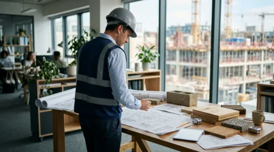 Professionnel du bâtiment naviguant dans un environnement complexe de réglementation environnementale