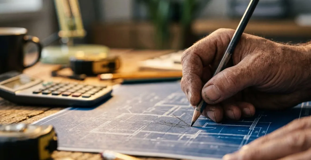 Gros plan sur des mains d'ingénieur annotant des plans de chantier avec une calculatrice pour estimer les coûts