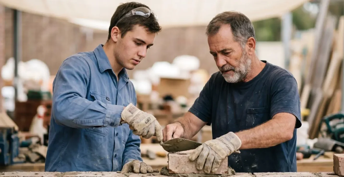 Manœuvre de chantier assistant un maçon expérimenté sur un chantier en France