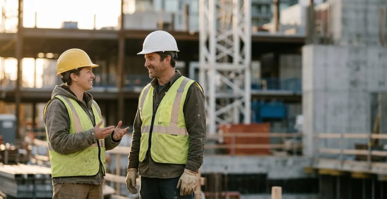 Professionnels du BTP en discussion informelle sur un chantier illustrant le réseautage et les opportunités d'emploi non publiées