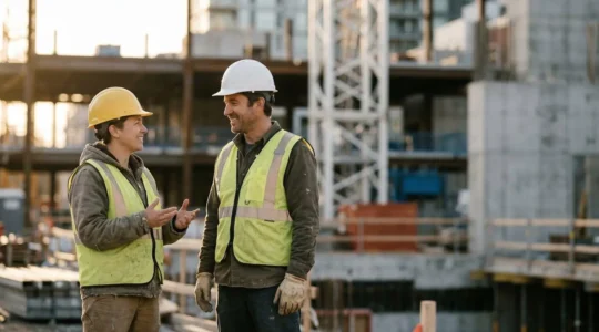 Professionnels du BTP en discussion informelle sur un chantier illustrant le réseautage et les opportunités d'emploi non publiées