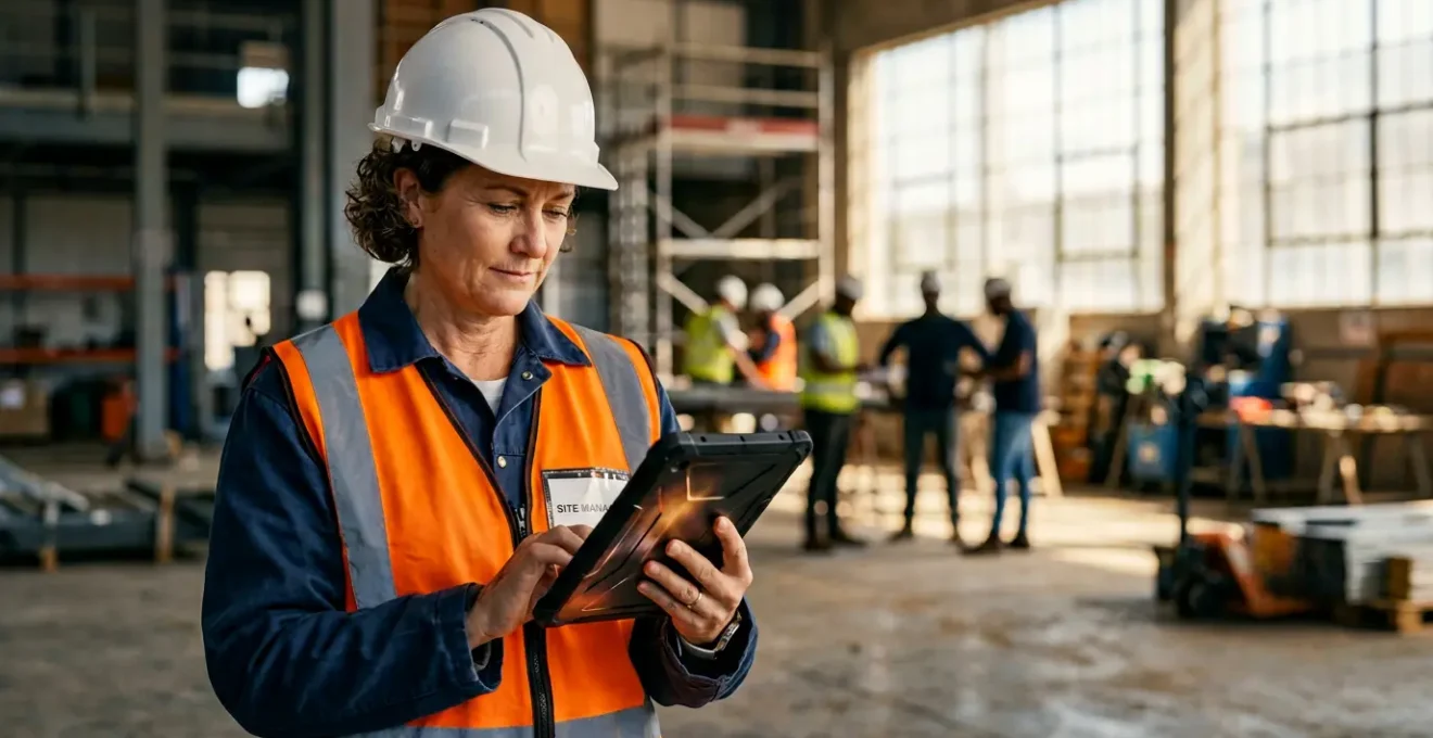 Professionnel du BTP consultant un tableau de bord numérique sur tablette avec des équipes en arrière-plan