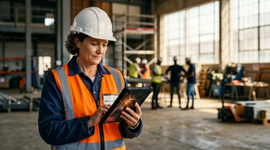 Professionnel du BTP consultant un tableau de bord numérique sur tablette avec des équipes en arrière-plan