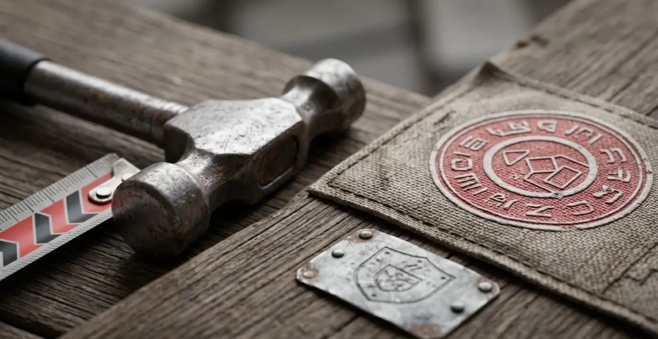 Gros plan sur des outils de construction professionnels et badges d'habilitation illustrant les mots-clés techniques spécifiques au BTP