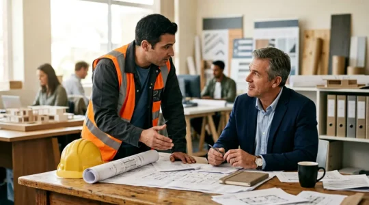 Negociation professionnelle dans le secteur du batiment avec documents contractuels