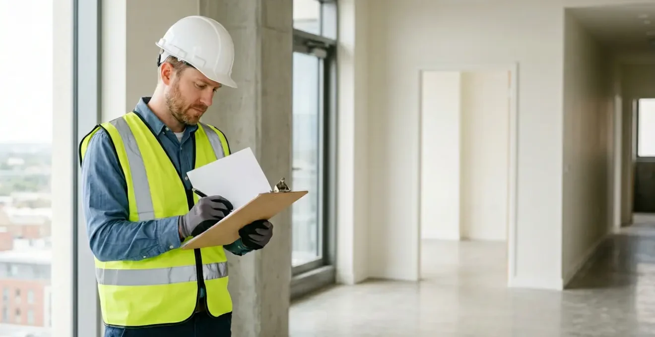 Visite d'inspection de chantier BTP lors des opérations préalables à la réception avec professionnels contrôlant la conformité des travaux