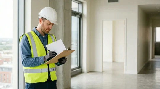 Visite d'inspection de chantier BTP lors des opérations préalables à la réception avec professionnels contrôlant la conformité des travaux