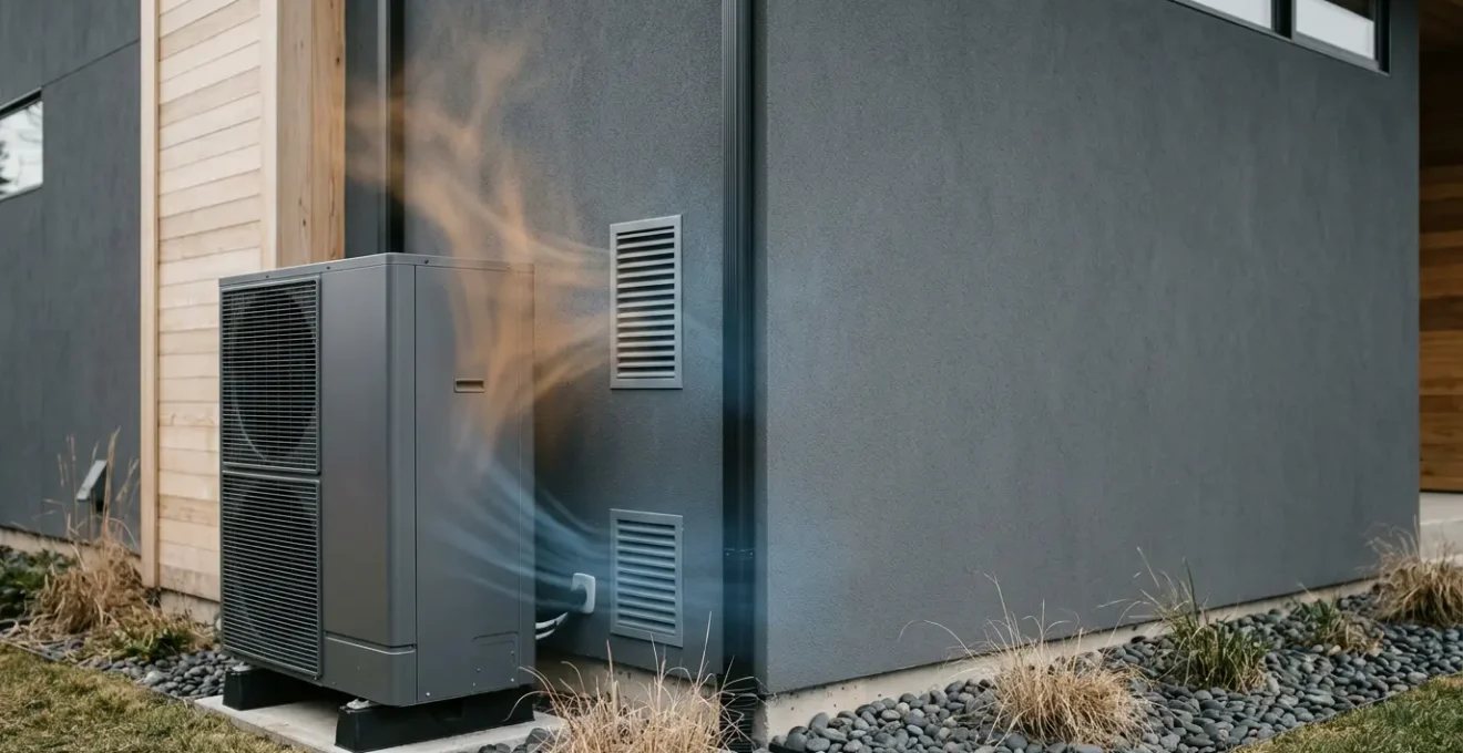 Schéma conceptuel représentant un système de chauffage moderne optimisé avec pompe à chaleur et VMC dans une maison performante