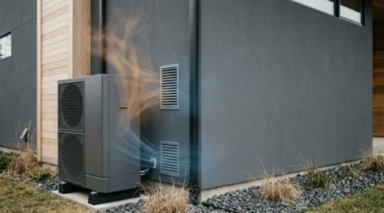 Schéma conceptuel représentant un système de chauffage moderne optimisé avec pompe à chaleur et VMC dans une maison performante