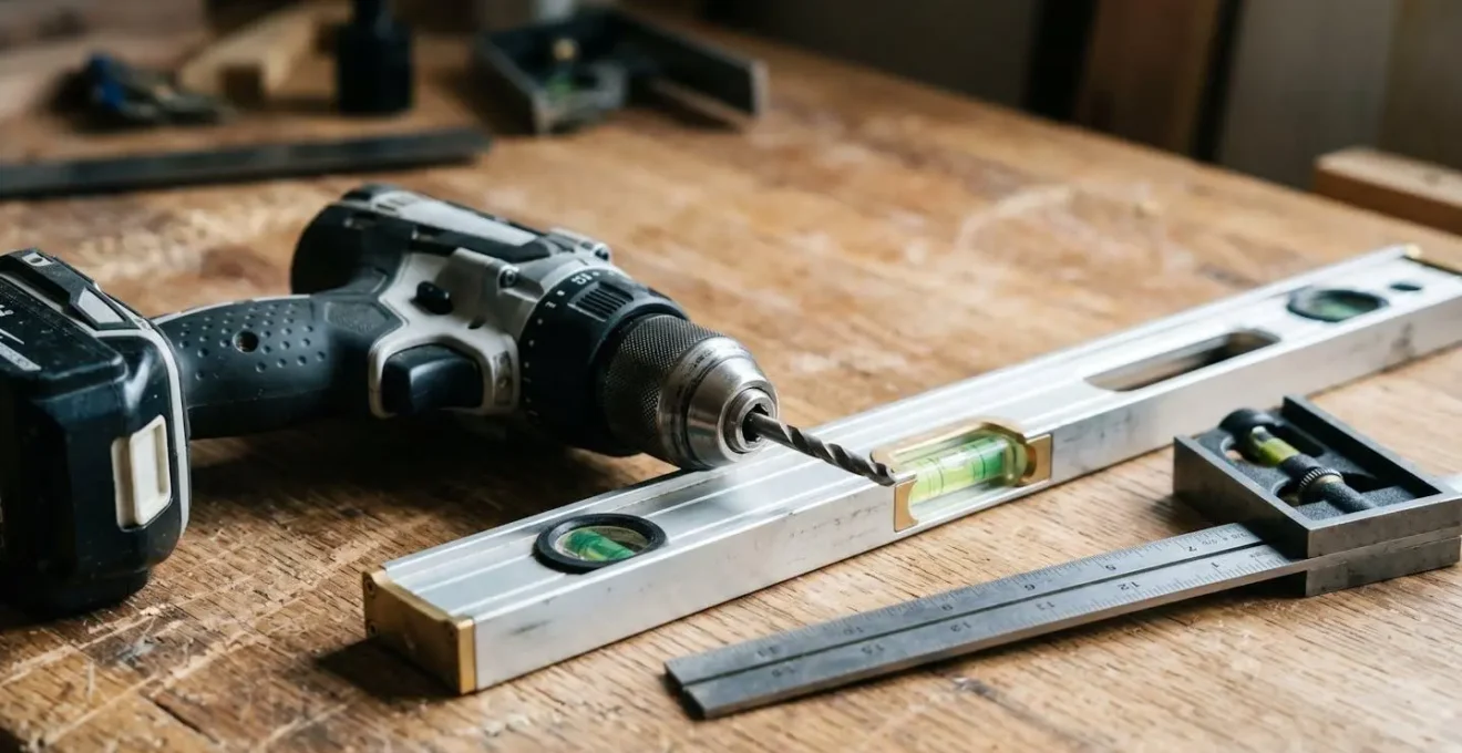 Gros plan sur des outils professionnels de chantier haut de gamme posés sur une surface de travail