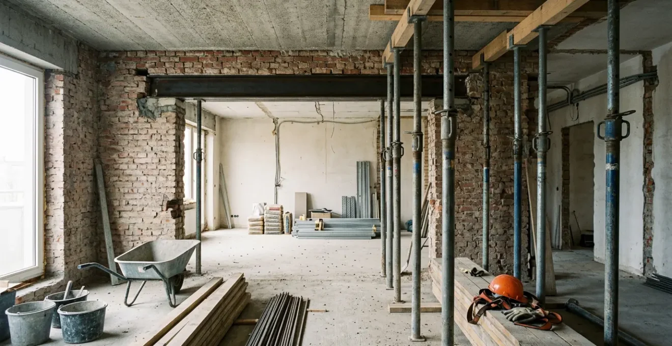 Chantier professionnel d'ouverture de mur porteur avec système d'étayage métallique installé