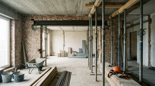 Chantier professionnel d'ouverture de mur porteur avec système d'étayage métallique installé