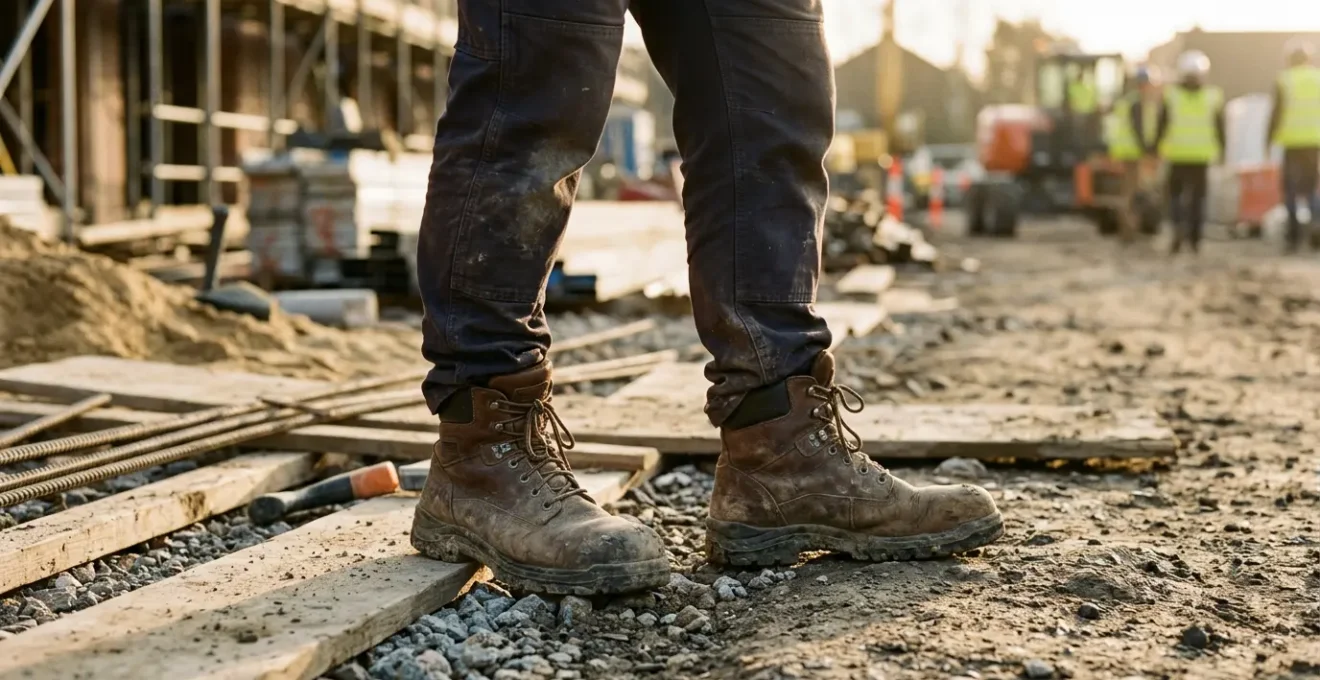 Travailleur du BTP sur chantier portant des chaussures de sécurité ergonomiques après une longue journée de travail