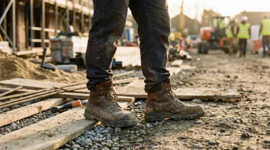 Travailleur du BTP sur chantier portant des chaussures de sécurité ergonomiques après une longue journée de travail