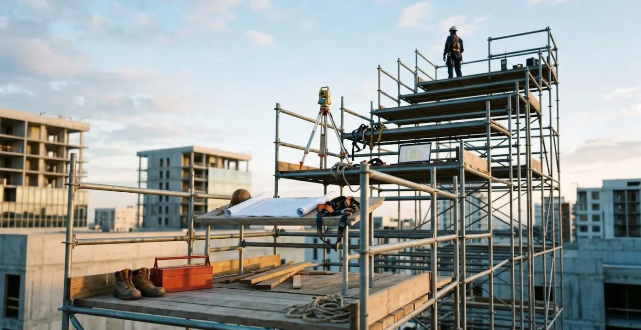 Symbolique de progression professionnelle avec des éléments architecturaux suggérant une montée en compétences