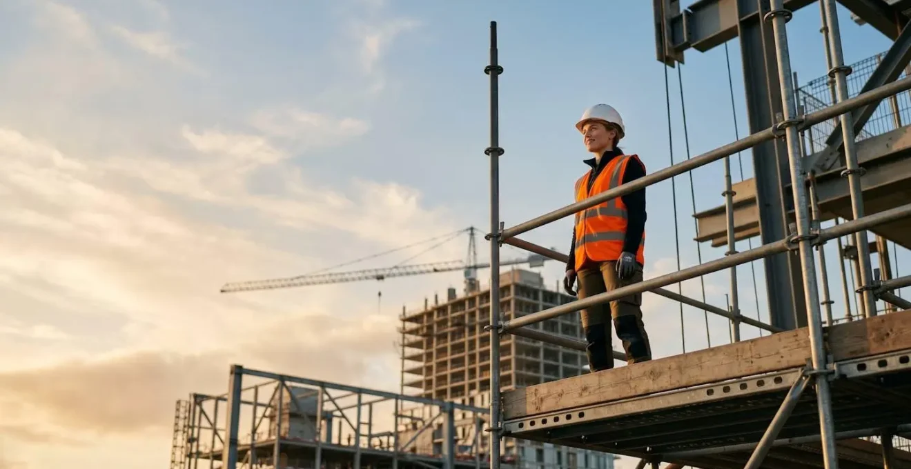 Vue en contre-plongée d'un jeune professionnel BTP debout sur un chantier moderne, regard tourné vers l'horizon, symbolisant les perspectives d'évolution et d'ambition professionnelle
