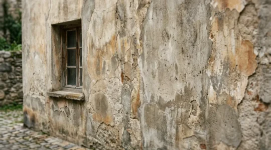 Illustration représentant les pathologies chroniques des bâtiments avec humidité et fissures structurelles