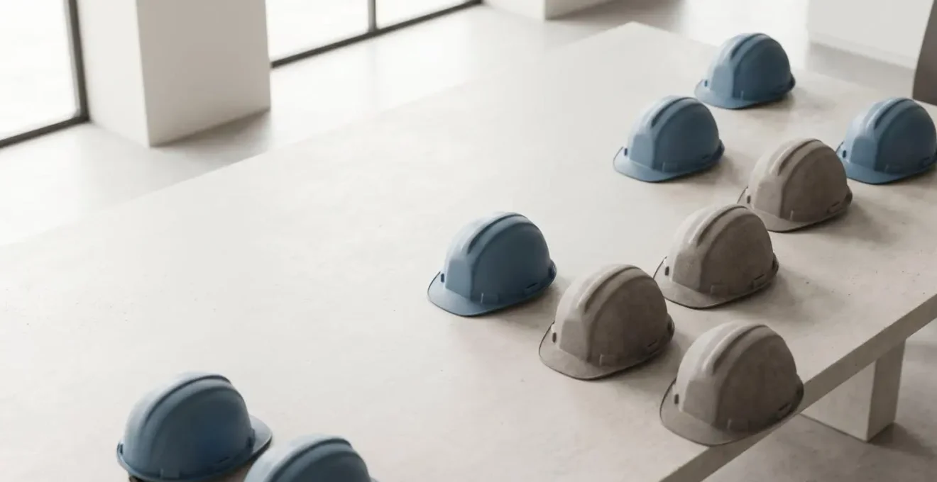 Vue aérienne minimaliste d'un planning de chantier avec organisation d'équipes alternées
