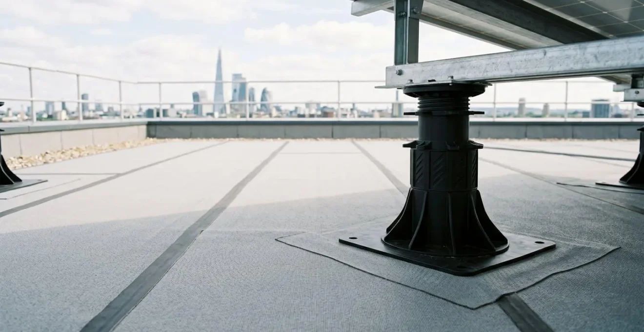 Vue environnementale d'un plot réglable professionnel installé sur membrane d'étanchéité de toiture-terrasse