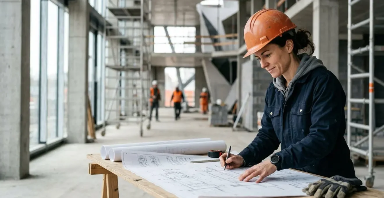 Chef de chantier PME étudiant des plans techniques sur un grand projet de construction BTP