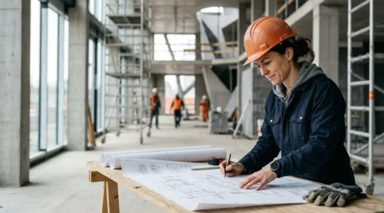 Chef de chantier PME étudiant des plans techniques sur un grand projet de construction BTP